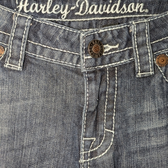 Harley-Davidson Women’s Dark Wash Distressed Bootcut Jeans - 10 Tall - Picture 4 of 6